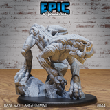 Cave Crawler by Epic Miniatures — heavily armoured reptilian beast crouched low, sabre tusks bared, clawed feet gripping rocky terrain on a 51mm base. Sculpt by Epic Miniatures.