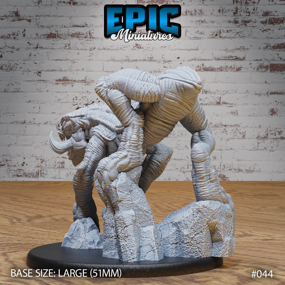 Cave Crawler by Epic Miniatures — view from behind showing the creature's towering spiked spine, long sinuous tail and powerful haunches braced over a rocky scatter base. Sculpt by Epic Miniatures.