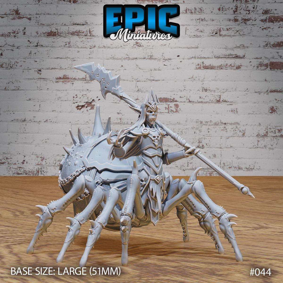 Drider Lich Lord miniature by Epic Miniatures — skeletal lich in spiked necromantic plate, rune-etched axe raised, mounted on a large spike-armoured spider body with chained abdomen and eight barbed legs.