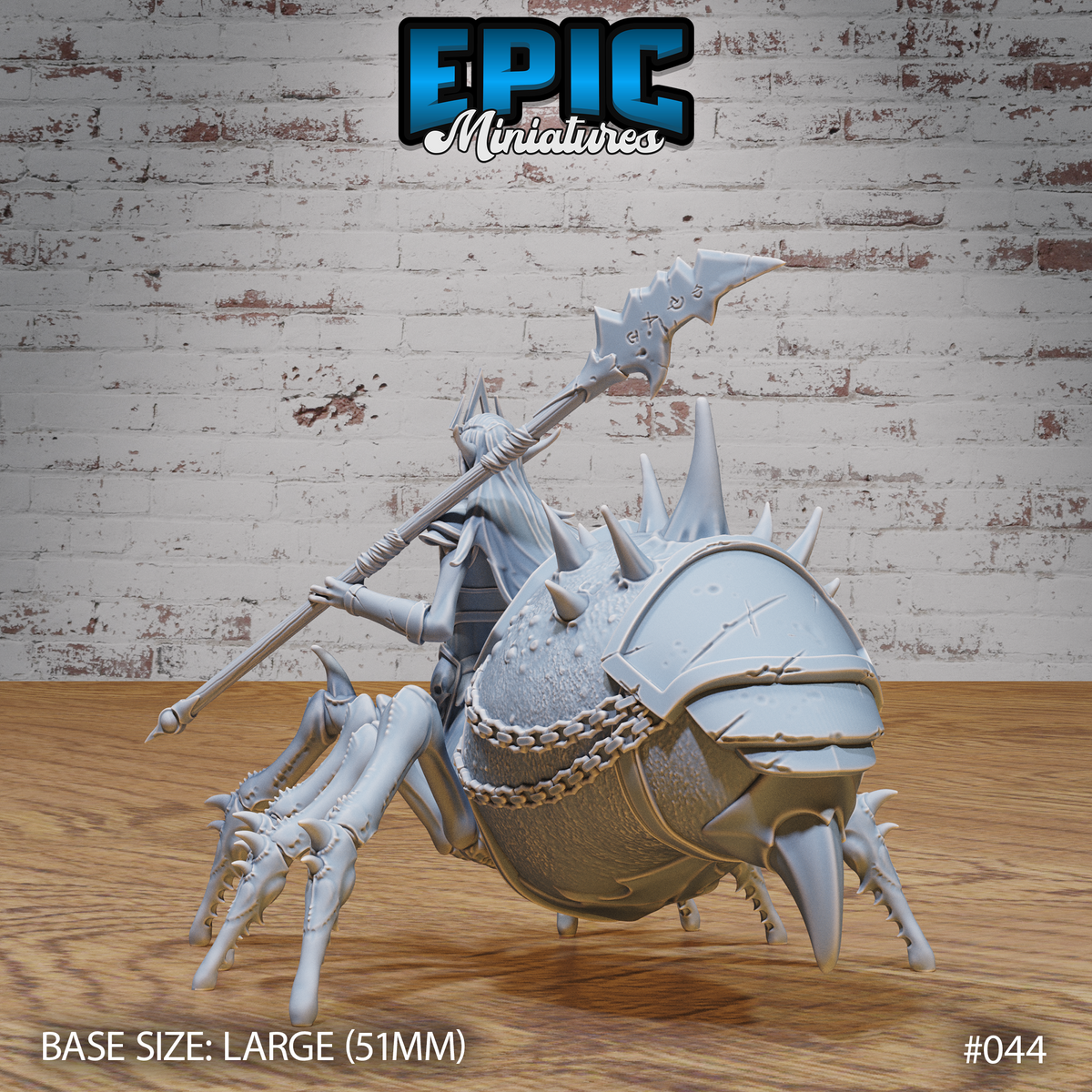 Drider Lich Lord miniature by Epic Miniatures — rear quarter view showing the heavily spiked spider abdomen wrapped in chain links, angular bladed pauldrons on the lich rider, and the long-hafted rune axe extending outward.