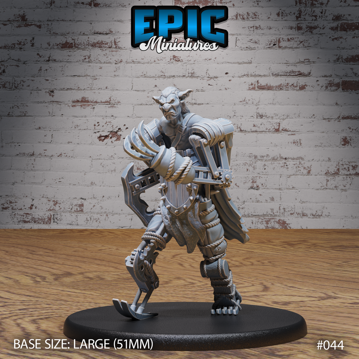 Goblin pilot in a riveted mechanical exosuit, leaning forward with a heavy axe raised, blade-tipped prosthetic foot, rope-bound joints, and a contemptuous snarl. Sculpt by Epic Miniatures.