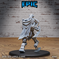 Mechanical exosuit viewed from behind showing a flowing cape, exposed gearing on the right arm, rope lashings along the legs, and a wide segmented back plate. Sculpt by Epic Miniatures.