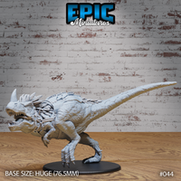 Horned Rex Chasing miniature by Epic Miniatures — bipedal theropod mid-charge with open jaws, forward horn, feathered quills on the neck, and a rope-secured riding saddle on its back. Huge 76.5mm base.