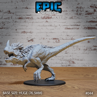 Horned Rex Chasing by Epic Miniatures — ferocious bipedal predator with gaping jaws, prominent head horn, heavily scaled body, and a rope-and-saddle riding rig across its back. Shown without saddle rider on a Huge base.