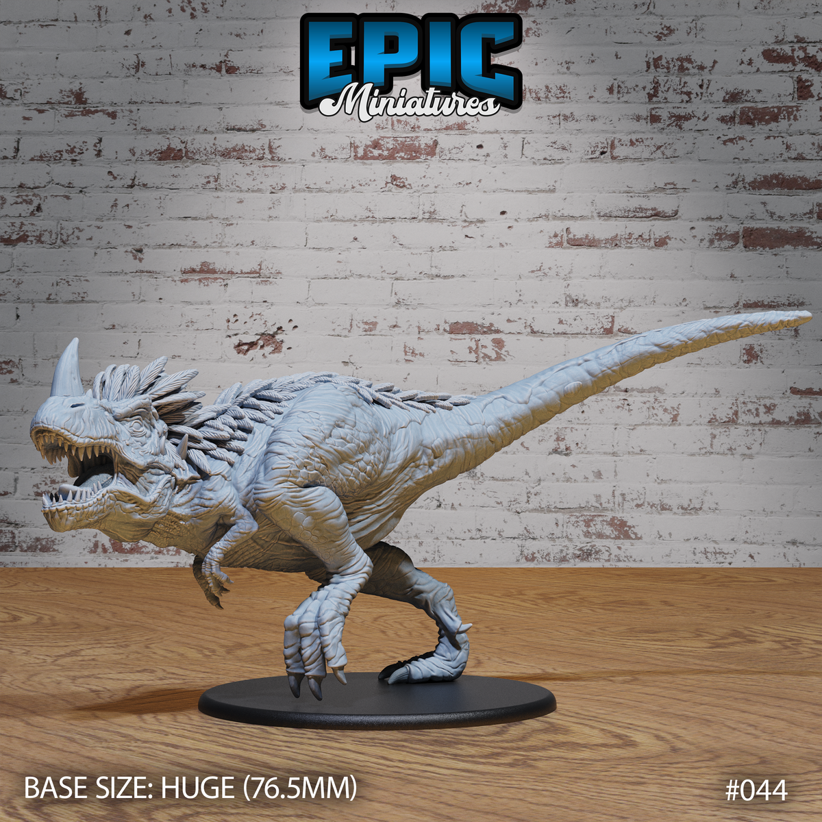 Horned Rex Chasing by Epic Miniatures — ferocious bipedal predator with gaping jaws, prominent head horn, heavily scaled body, and a rope-and-saddle riding rig across its back. Shown without saddle rider on a Huge base.