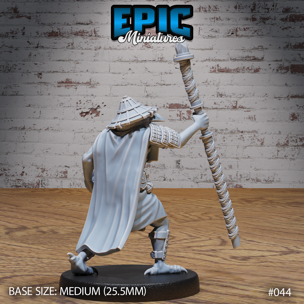 Kenku wizard viewed from behind, crouching with a cord-wrapped staff extended upward, flowing cloak falling to the base, structured woven hat on a beaked avian head. Talon feet and buckled boots visible. Sculpt by Epic Miniatures.
