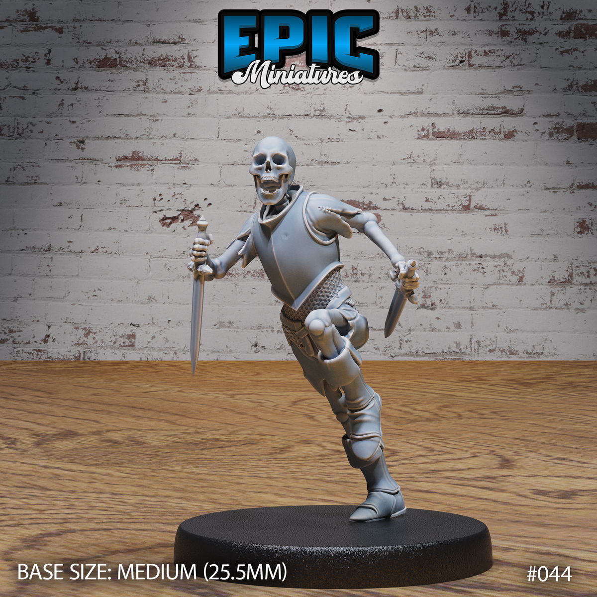 Skeleton warrior in a running lunge, both daggers drawn — one held low, one reversed — wearing tattered chainmail and partial plate armour, wide grinning skull. Sculpt by Epic Miniatures.
