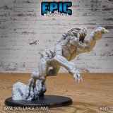 Savage lizard-like creature mid-lunge, jaws wide open with prominent fangs, forelegs reaching forward with splayed claws, dorsal spines along the back, on a rocky rubble base. Sculpt by Epic Miniatures.