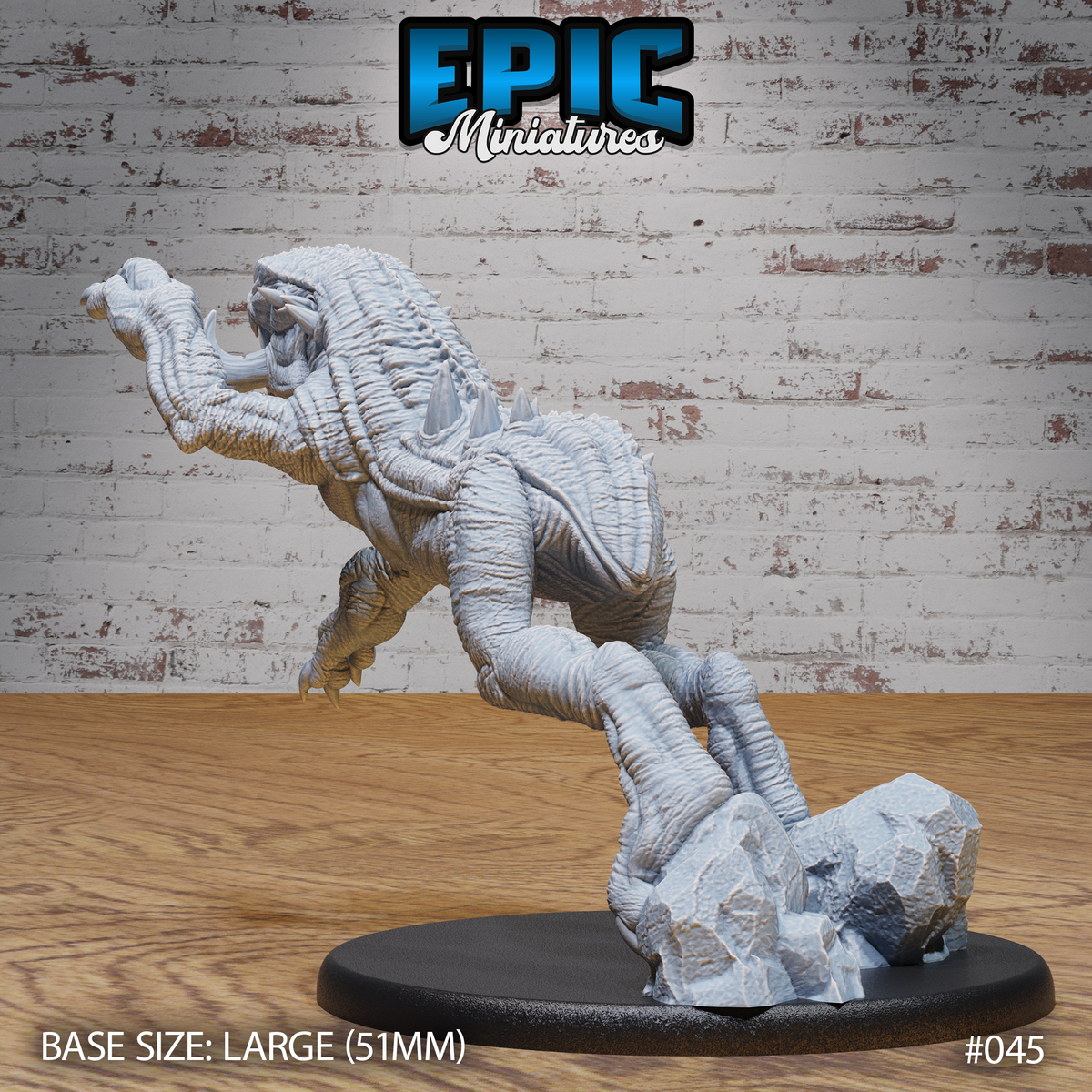 Lizard-like predator rearing upward with open jaws and outstretched clawed forelimbs, deep scale texture across the body and loose belly skin visible, perched on a chunky broken-rock scenic base. Sculpt by Epic Miniatures.