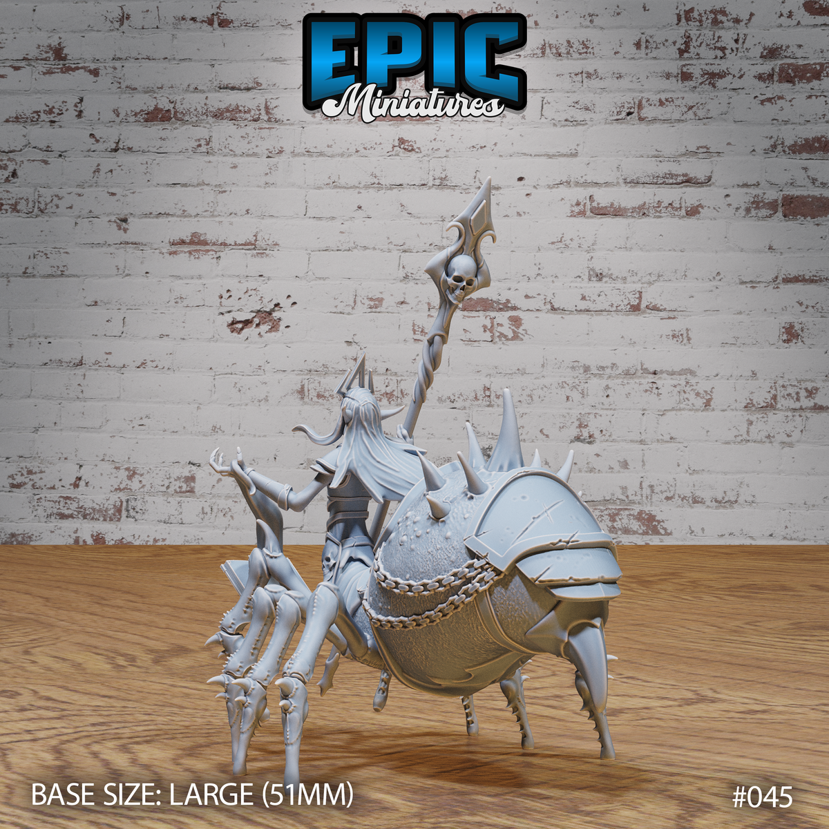 Drider Lich Lord miniature by Epic Miniatures — rear view showing long white hair, spiked backplate armour, heavily textured spider abdomen with chain detailing and pronounced dorsal spines.