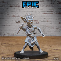 Goblin Tribe King miniature by Epic Miniatures — wiry goblin lunging forward, dagger raised in one hand, clawed hand outstretched, wearing a spiked crown, rope-belted tunic, and bone jewellery.