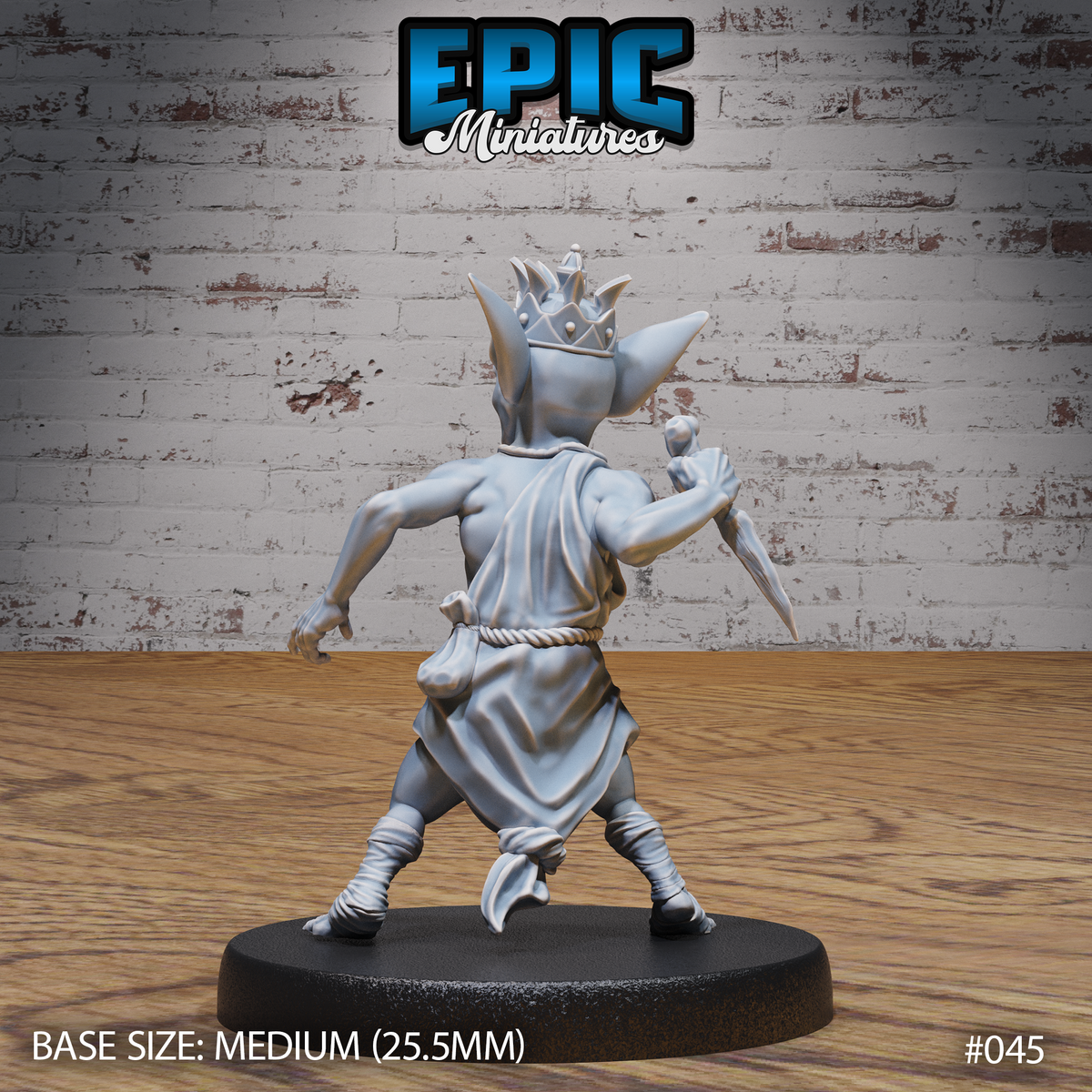 Goblin Tribe King miniature by Epic Miniatures — rear view showing spiked studded crown, flowing rope-belted tunic with natural fabric folds, and bound lower legs; dagger visible raised behind shoulder.