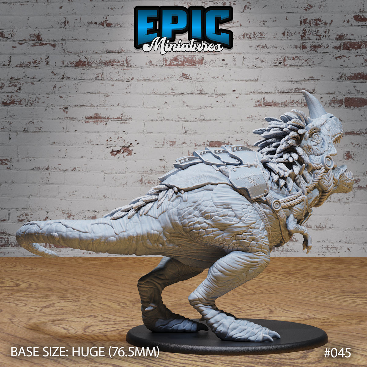 Saddled tyrannosaur miniature in a crouching, coiled stance viewed from the left, showing braided mane, rope chest harness, armoured saddle, and scaled hide detail. Sculpt by Epic Miniatures.