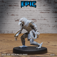 Kenku rogue miniature leaning forward in a predatory crouch, gripping a large curved blade in one hand, wearing riveted leather armour, segmented vambraces, and scaled greaves, hooked beak angled downward. Sculpt by Epic Miniatures.