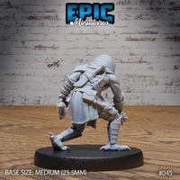 Kenku rogue miniature viewed from behind and to the side, showing a draped hood falling across the back, layered leather pauldrons with buckled straps, a belted sash, and clawed feet splayed on a plain round base. Sculpt by Epic Miniatures.