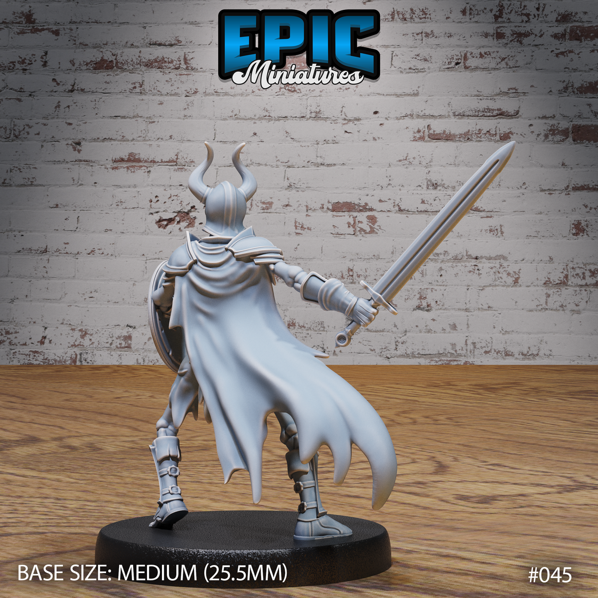 Armoured skeleton warrior seen from behind, longsword extended outward at arm's length, broad flowing cape reaching the base, layered pauldrons and detailed backplate visible, horned helmet with twin curved horns prominent. Sculpt by Epic Miniatures.