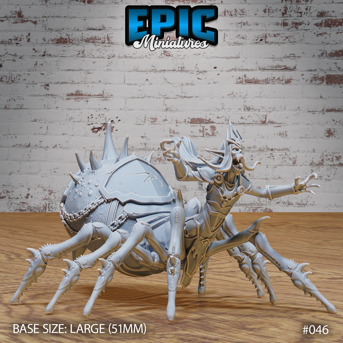 Drider Lich Lord Angry by Epic Miniatures: a gaunt undead spellcaster with open shrieking mouth and flowing hair fused to a spiked, armoured spider body with chained abdomen and barbed legs.
