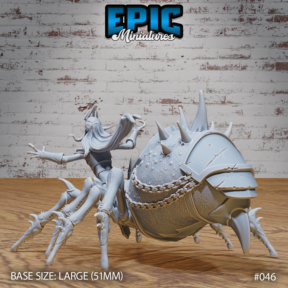 Drider Lich Lord Angry by Epic Miniatures viewed from the rear-right, showing the heavily textured spider abdomen with hammered armour panels, chain links, and the figure's clawed hands outstretched mid-cast.