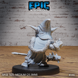 Goblin shaman seen from behind, broad tattered cloak billowing up into a pointed hood with large ears visible at each side, one clawed fist raised, fur collar detail prominent across the shoulders. Sculpt by Epic Miniatures.