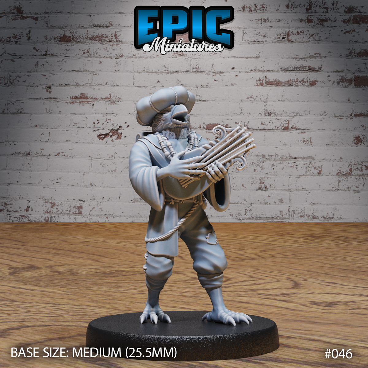 Kenku bard miniature by Epic Miniatures, beak open in song, playing ornate pan pipes, wearing a rope-trimmed beret and layered travelling robes, taloned feet on a plain round base.