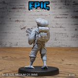 Kenku bard miniature by Epic Miniatures seen from behind, showing a buckled leather traveller's pack, rope-detailed coat collar, and pan pipes visible over the shoulder, plain round base.