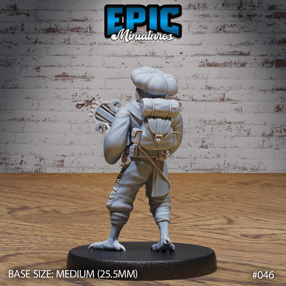 Kenku bard miniature by Epic Miniatures seen from behind, showing a buckled leather traveller's pack, rope-detailed coat collar, and pan pipes visible over the shoulder, plain round base.