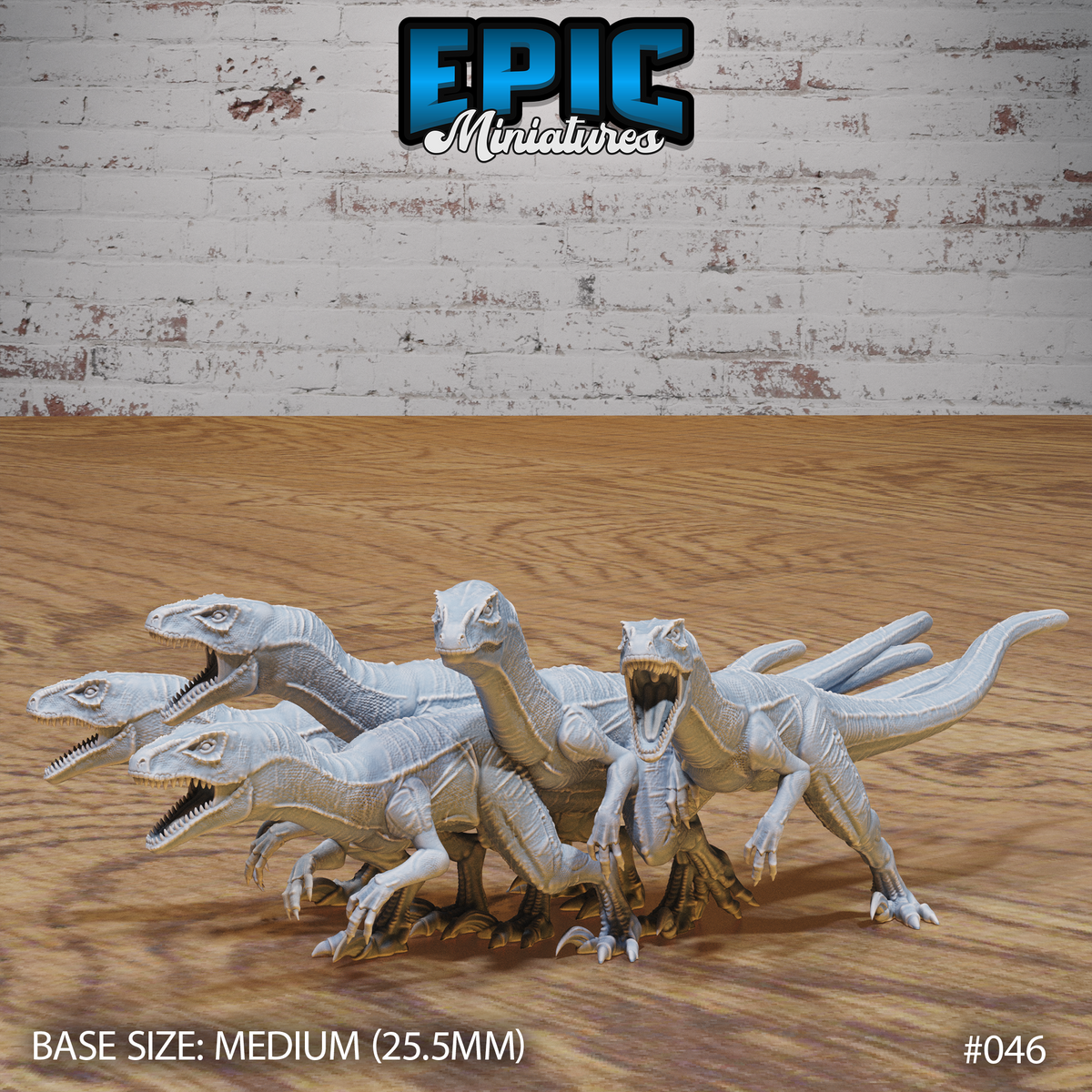 Five raptor miniatures grouped together, each with jaws open wide and sickle claws raised, scaled hides textured across lean muscular bodies. Sculpt by Epic Miniatures.