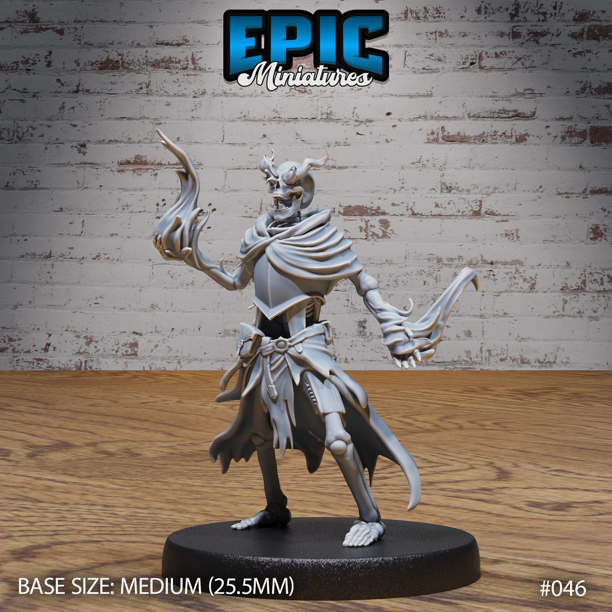 Horned skeletal sorcerer in tattered robes, one hand raised with flame-like energy curling from the fingers, skull face snarling, belted waist with hanging pouches. Sculpt by Epic Miniatures.