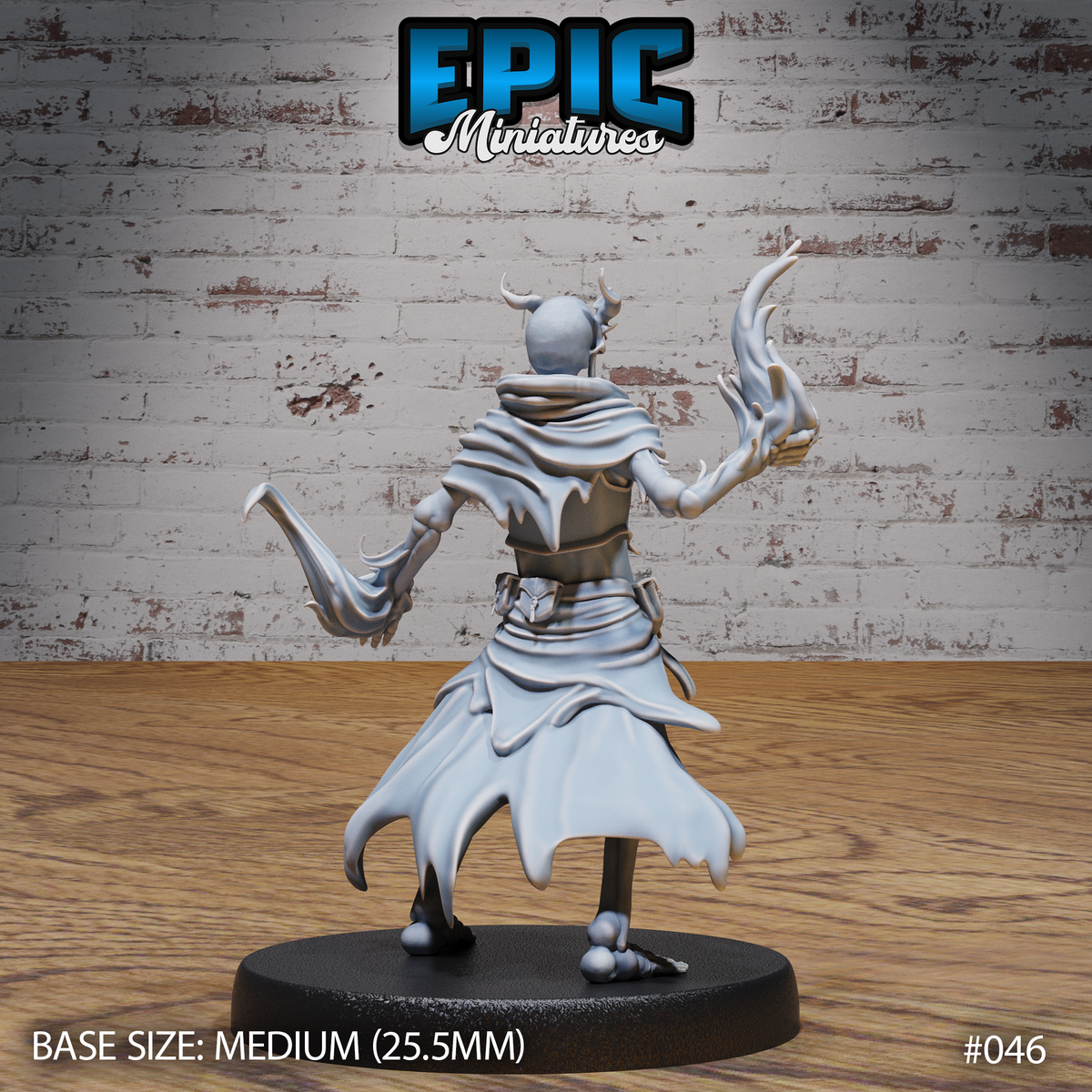 Skeletal sorcerer seen from behind, both arms raised with energy tendrils extending from clawed hands, billowing robes torn at the hem, small horns visible atop the skull. Sculpt by Epic Miniatures.