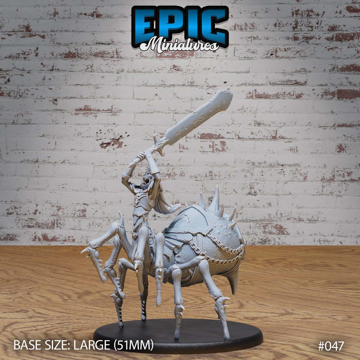 Drider Lich Lord raising a large rune-inscribed two-handed sword overhead, armoured undead rider atop a spiked, chain-banded spider body with clawed legs. Sculpt by Epic Miniatures.