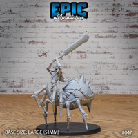 Drider Lich Lord raising a large rune-inscribed two-handed sword overhead, armoured undead rider atop a spiked, chain-banded spider body with clawed legs. Sculpt by Epic Miniatures.