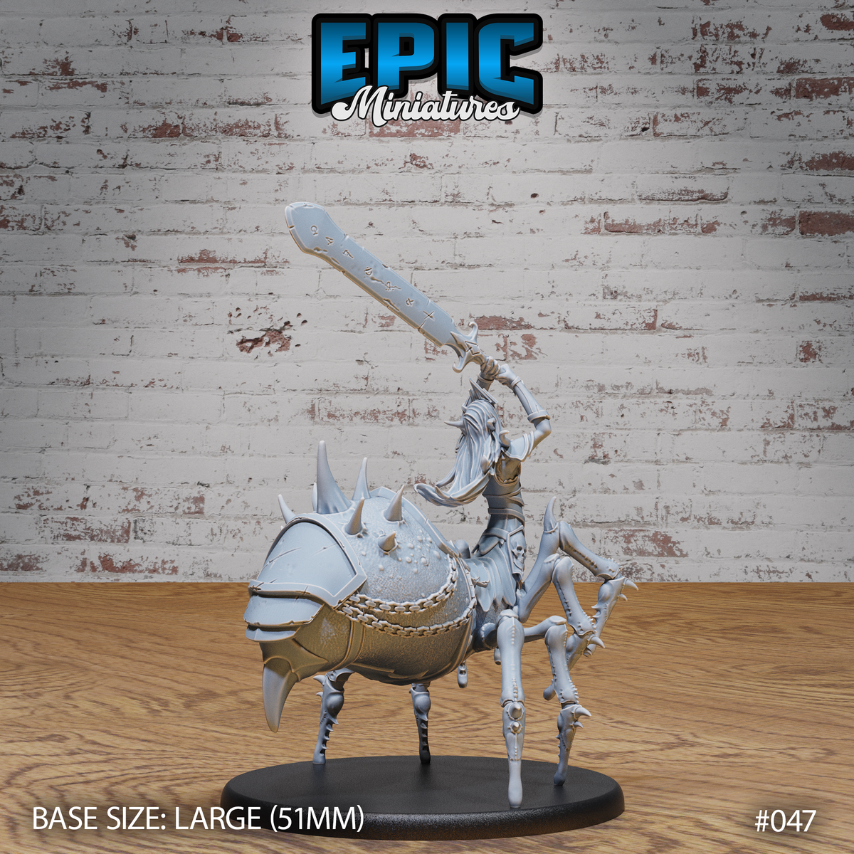 Drider Lich Lord viewed from behind-left, showing the spiked carapace armour plates, heavy chain wrapped abdomen, and the undead rider wielding a rune-covered sword aloft. Sculpt by Epic Miniatures.