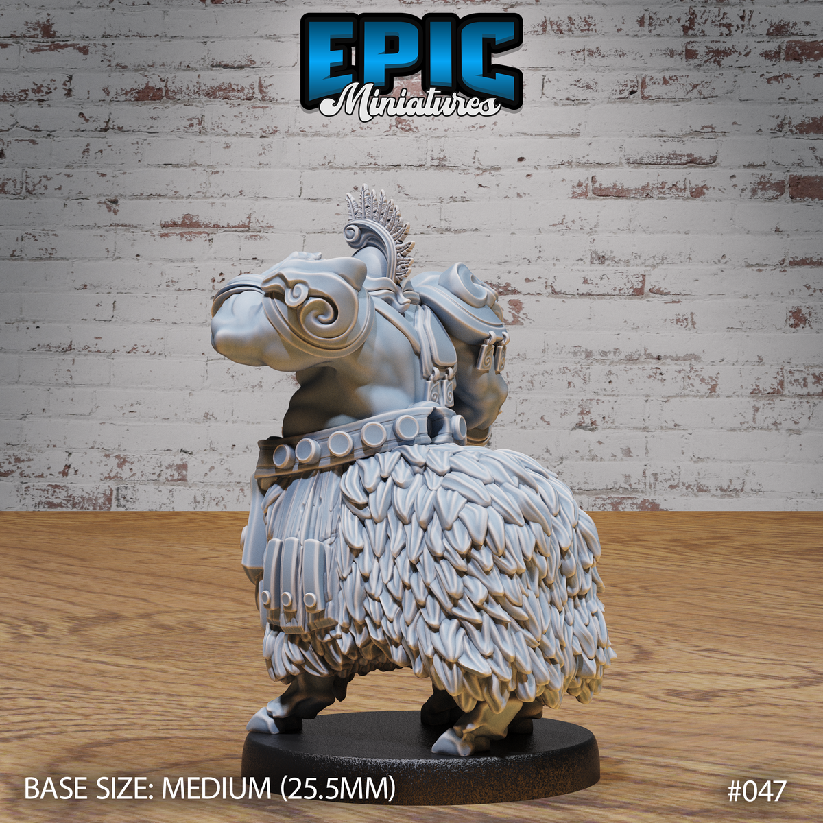 Rear view of the dwarf goat centaur miniature showing the deeply textured layered fleece covering the goat body, studded belt, backplate armour, and feathered helm crest. Sculpt by Epic Miniatures.