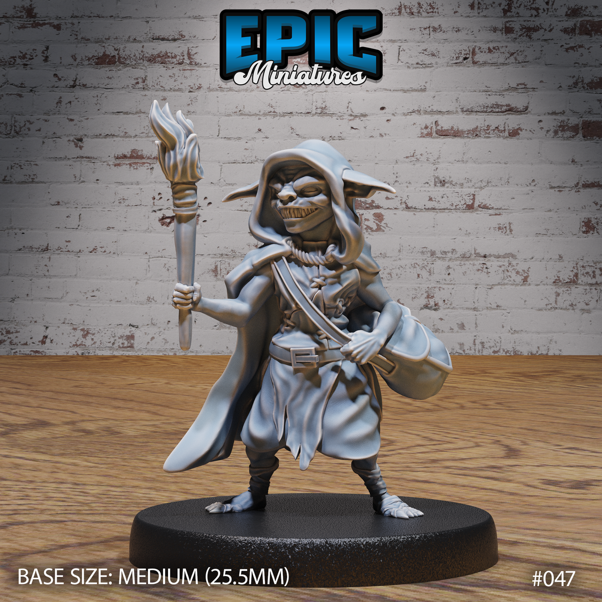 Grinning hooded goblin holding a flaming torch aloft in one hand and clutching a bulging satchel under the other arm, wearing a sweeping cloak over rope-strapped robes with a buckled belt. Wide toothy smile, large pointed ears, bare clawed feet. Sculpt by Epic Miniatures.