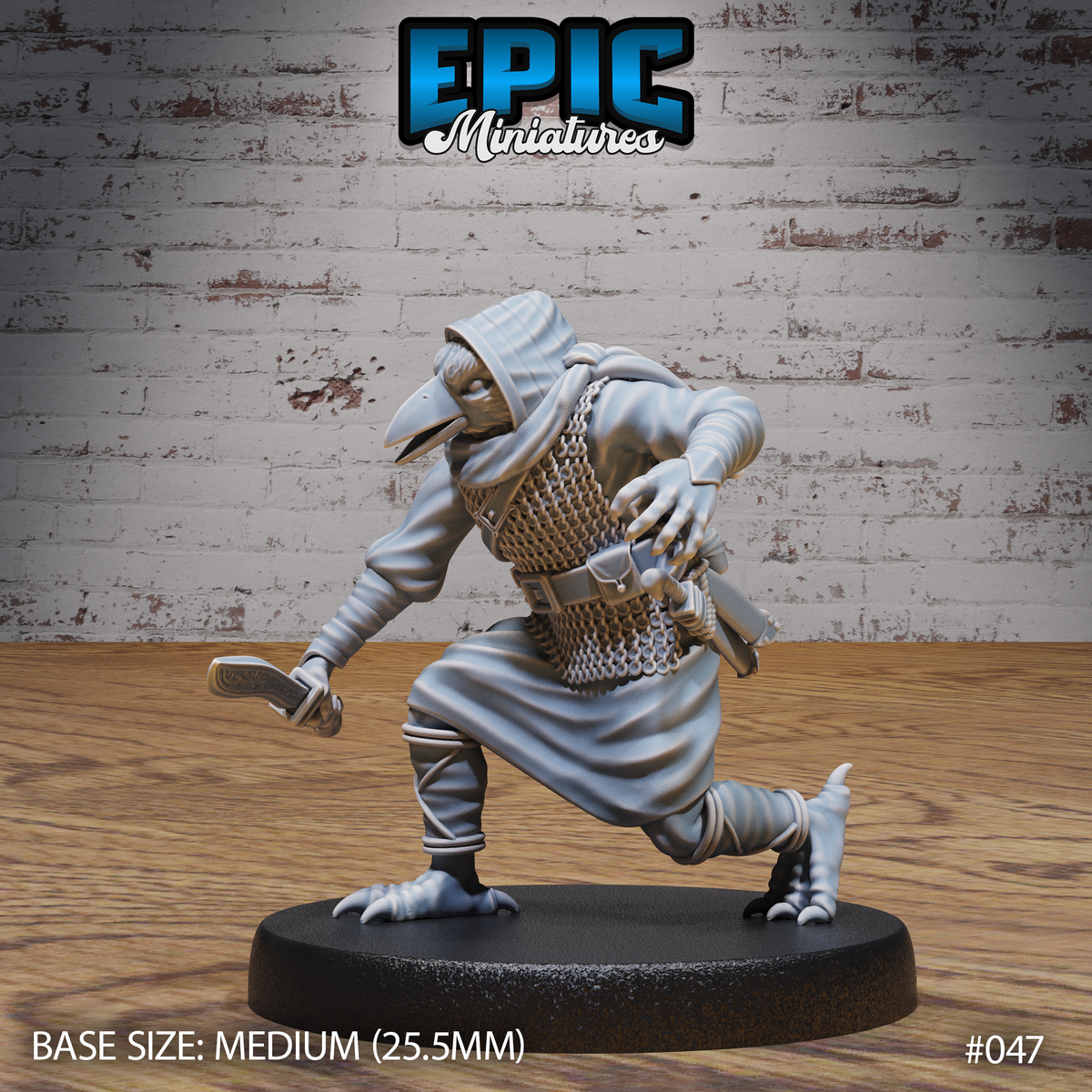 Kenku rogue miniature striding forward with a short blade gripped low in one hand, wearing a hooded cloak over chainmail, taloned feet and a sharp corvid beak visible. Sculpt by Epic Miniatures.