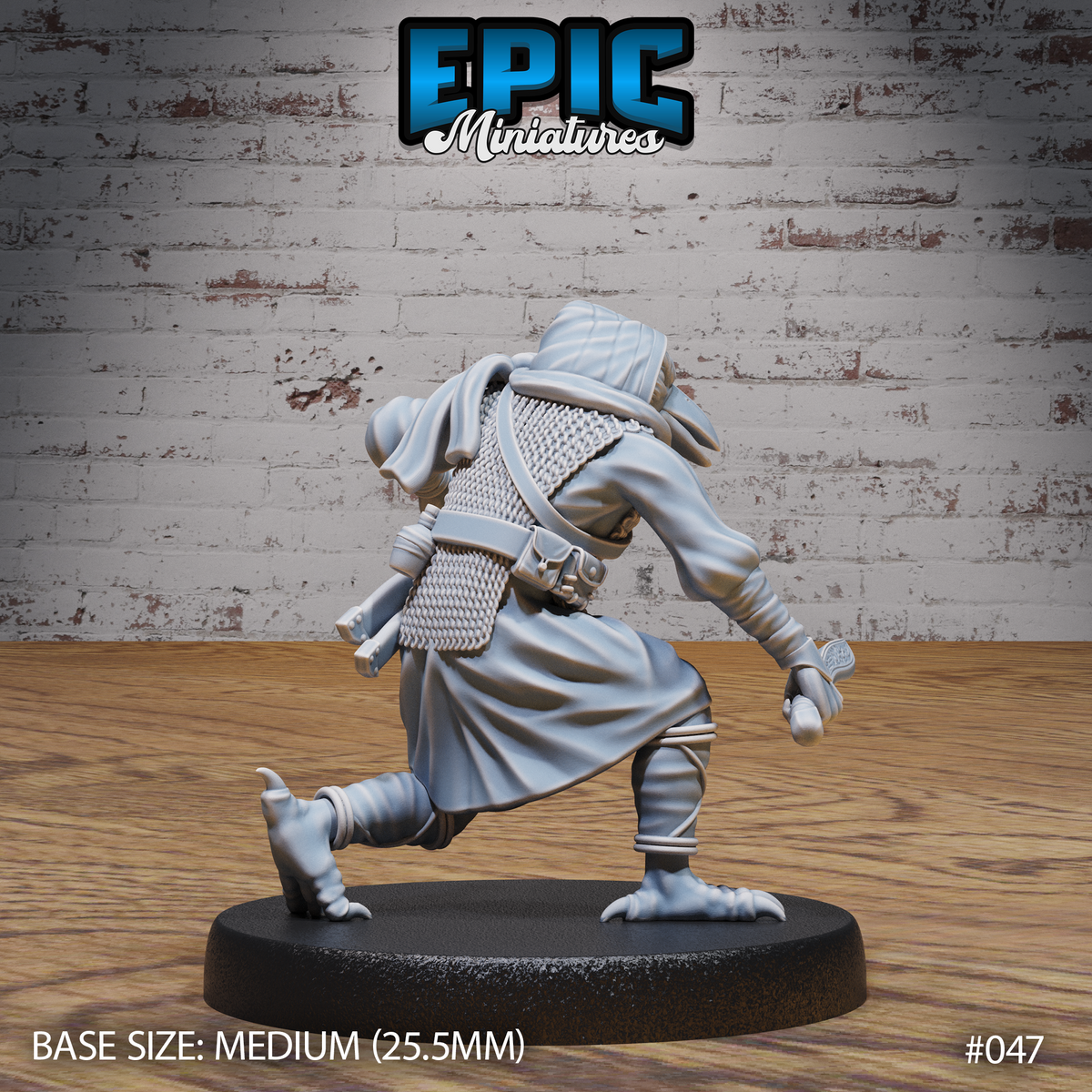 Kenku miniature seen from behind showing heavy cloak folds, chainmail back, utility belt with pouch, and raised taloned foot mid-stride. Sculpt by Epic Miniatures.