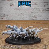 A dense pack of six raptors on a 51mm oval base, mouths open and teeth bared, claws raking forward in a surging charge — sculpt by Epic Miniatures.