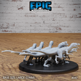 Raptor swarm sculpt viewed from behind and side, showing outstretched tails, hunched necks and raised claws as the pack lunges forward — Epic Miniatures.