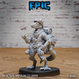Lizardfolk miniature wearing goggles, a loose scarf, belted jacket and a large riveted mechanical backpack, one clawed hand raised, tail sweeping behind. Sculpt by Epic Miniatures.