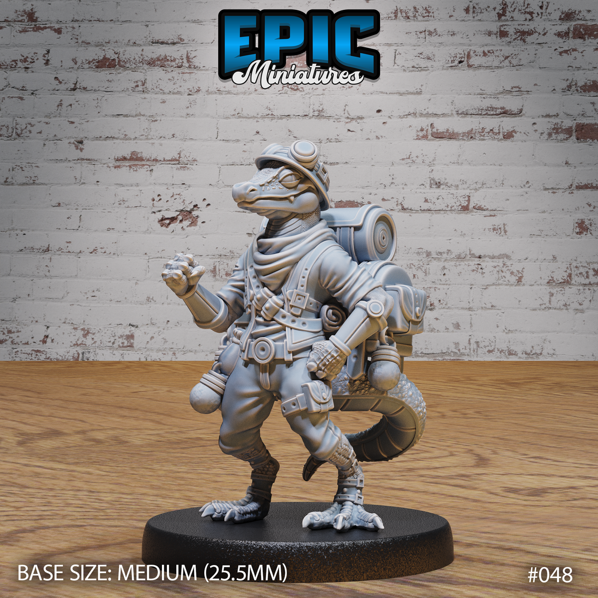 Lizardfolk miniature wearing goggles, a loose scarf, belted jacket and a large riveted mechanical backpack, one clawed hand raised, tail sweeping behind. Sculpt by Epic Miniatures.