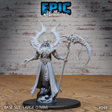 Skeletal crowned Death Avatar raising a decorated scythe adorned with skulls, wearing layered armour beneath sweeping robes, with massive jagged antler-like wings, on a swirling cloud scenic base. Sculpt by Epic Miniatures.
