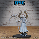Death Avatar seen from behind, scythe raised, jagged antler-wing structure rising dramatically above a hooded skull, tattered robes pooling onto a swirling cloud scenic base. Sculpt by Epic Miniatures.