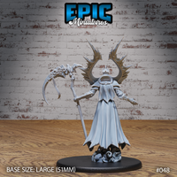 Death Avatar seen from behind, scythe raised, jagged antler-wing structure rising dramatically above a hooded skull, tattered robes pooling onto a swirling cloud scenic base. Sculpt by Epic Miniatures.