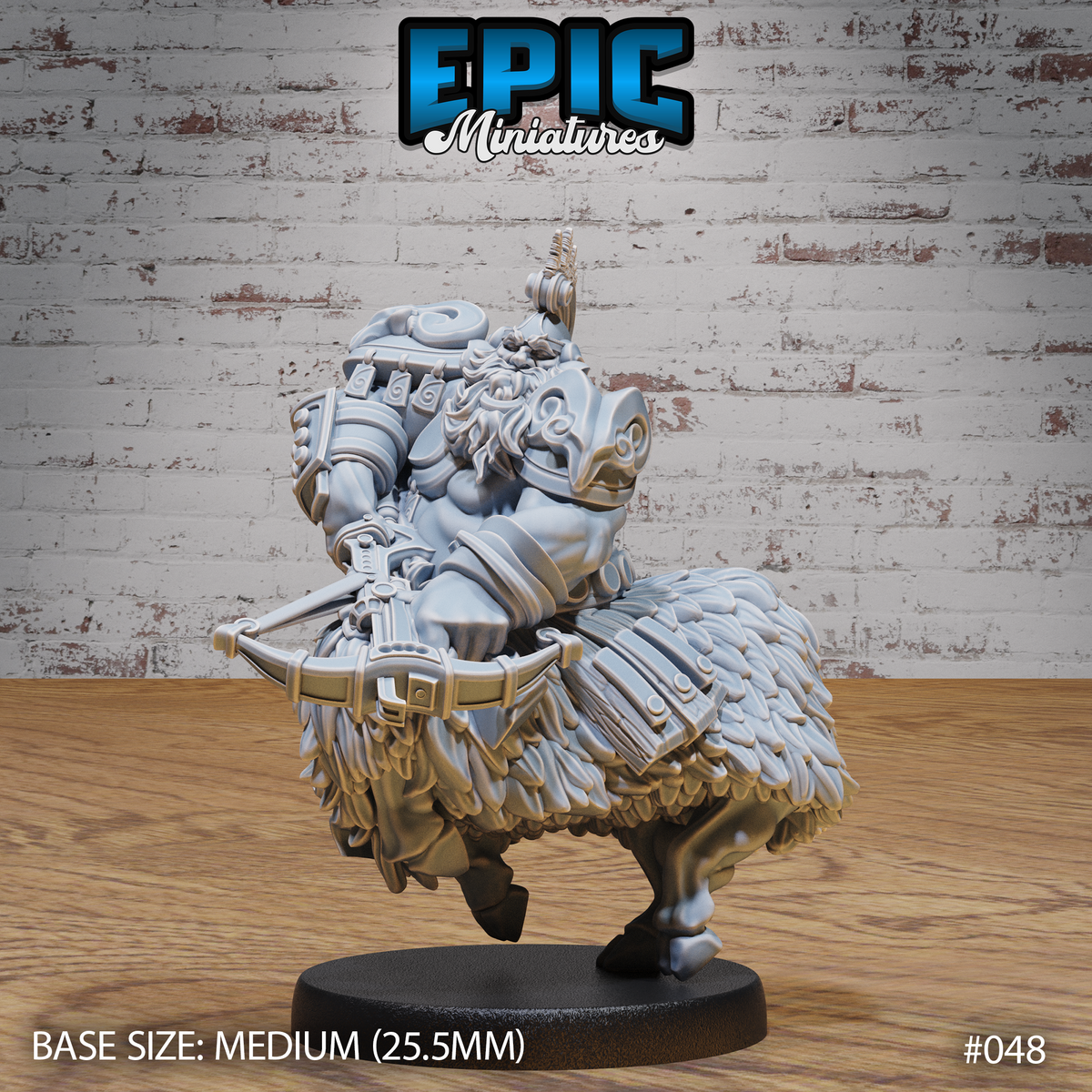 Armoured dwarf-goat centaur holding a crossbow at hip level, with flowing beard, horned helm, layered plate armour, and a shaggy feathered goat body on a round base. Sculpt by Epic Miniatures.
