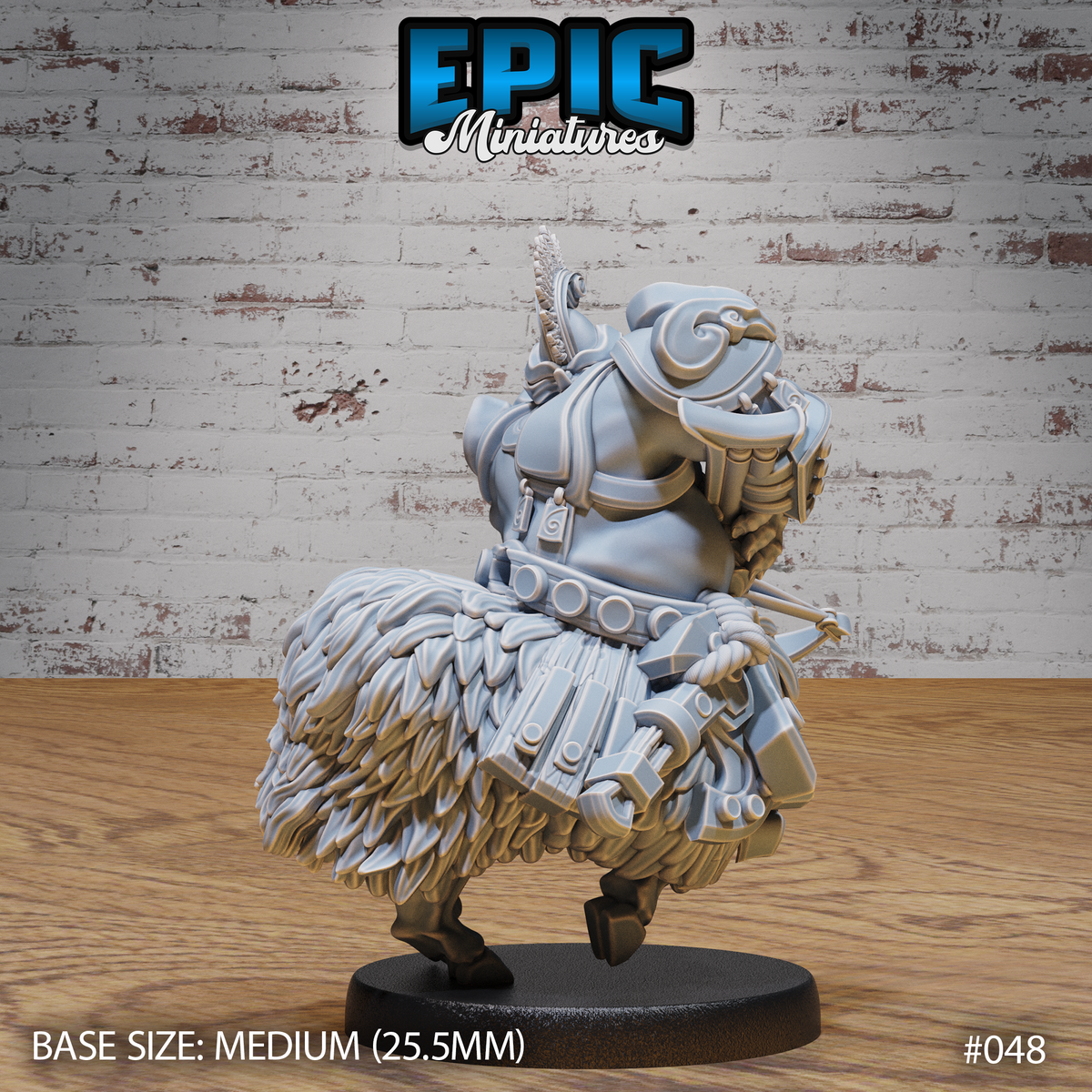 Goat centaur dwarf seen from the rear quarter, showing ornate backplate armour, braided rope detail, utility tools on belt, and dense feathered fur across the goat haunches. Sculpt by Epic Miniatures.