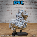 Goat centaur dwarf seen from the rear quarter, showing ornate backplate armour, braided rope detail, utility tools on belt, and dense feathered fur across the goat haunches. Sculpt by Epic Miniatures.