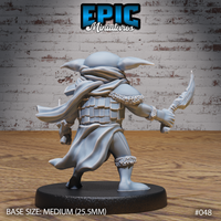 Goblin assassin miniature seen from behind, one curved blade extended to the side, scalemail armour and billowing cloak visible, fur-trimmed boot cuffs, aggressive low stance on a plain oval base. Sculpt by Epic Miniatures.