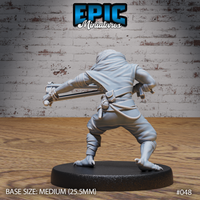 Rear view of a kenku miniature crouching forward with a slingshot extended behind, revealing a flowing cloak, rope coiled at the belt, and detailed back harness straps. Taloned feet planted wide. Sculpt by Epic Miniatures.