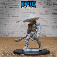 Mushroom Folk Barbarian by Epic Miniatures — muscular fungal humanoid in a coiled forward stance, gripping a curved cleaver blade low, with rope bindings across chest and wrists, wearing a broad textured mushroom cap. Sculpted base of rocky ground.