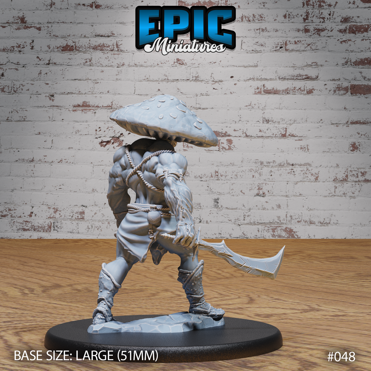 Mushroom Folk Barbarian by Epic Miniatures — rear view of the same fungal warrior, showing the broad ridged mushroom cap from above, rope-wrapped back and wrists, tattered loincloth, and curved cleaver held behind the body in a trailing grip.